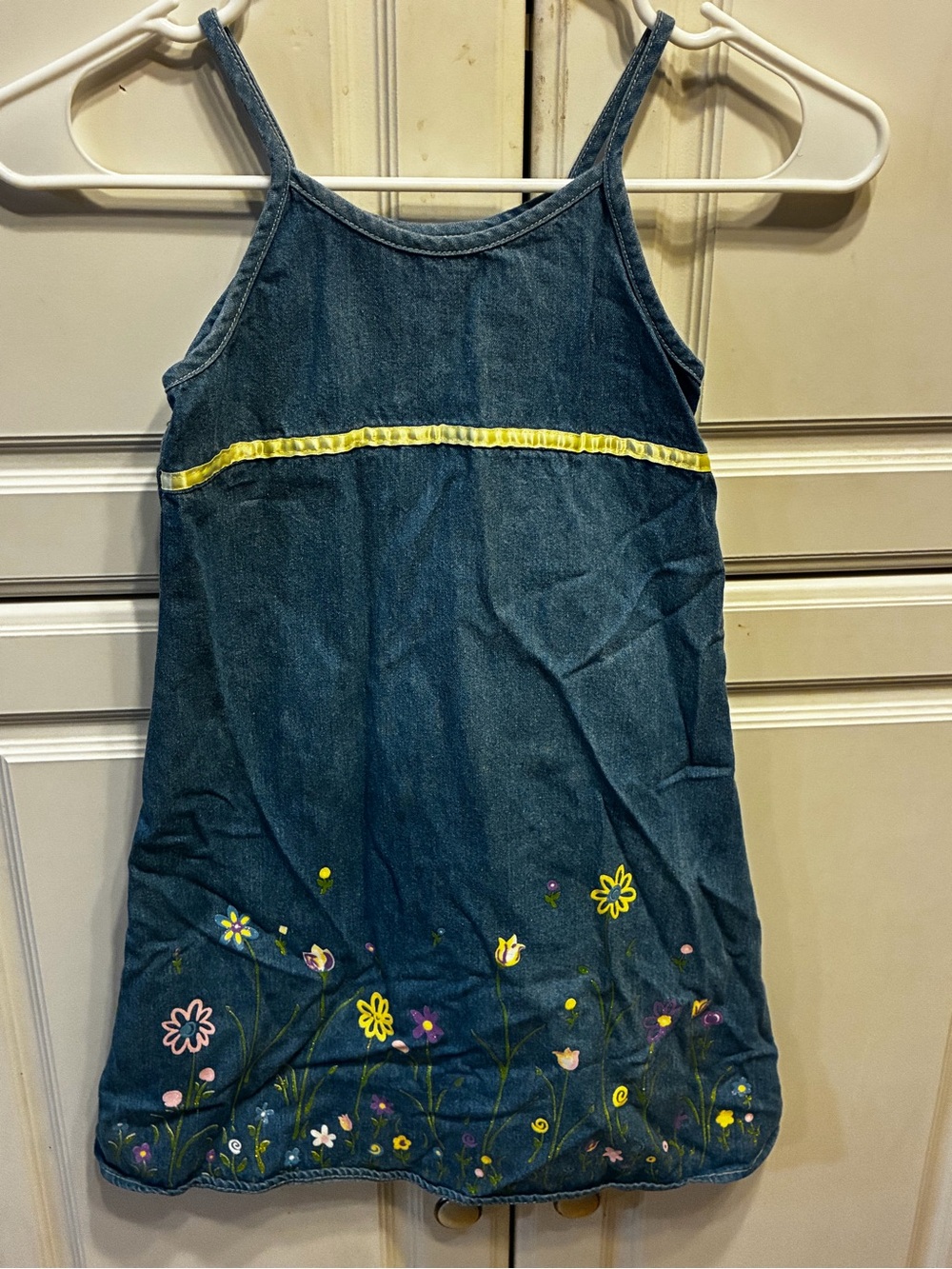 ZOEY Denim Floral Embroidered Girls' Sundress - Blue with Yellow Trim, Size: 7